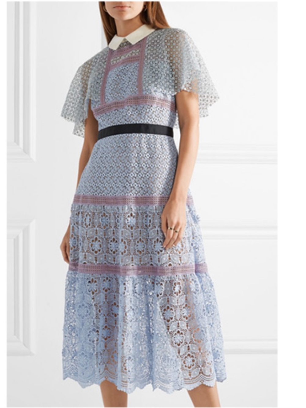 Self-Portrait Blue Lace Embroidered Collared Midi Dress Sz 6